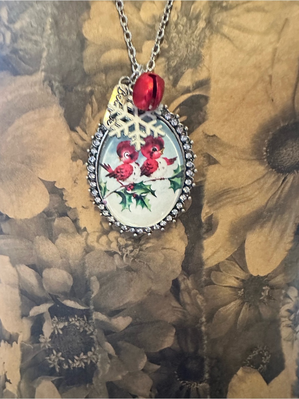 Festive Red Bird Pendant Necklace with Silver-Tone Frame